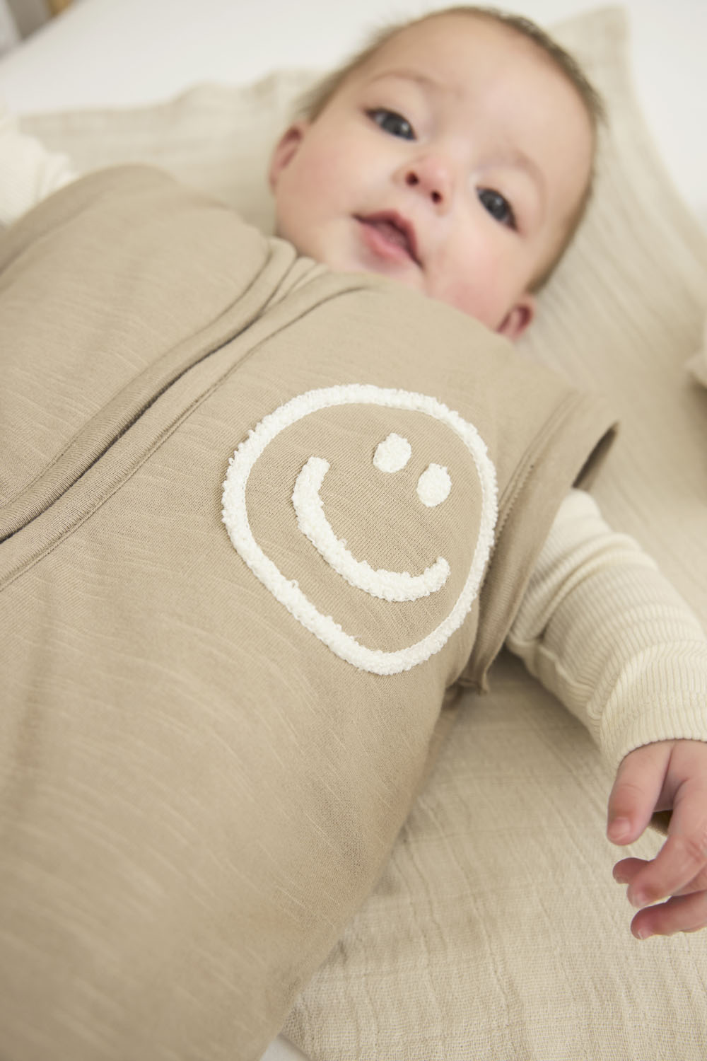 Baby sleeping bag with detachable sleeves Slub/Smile - taupe/offwhite - 110cm