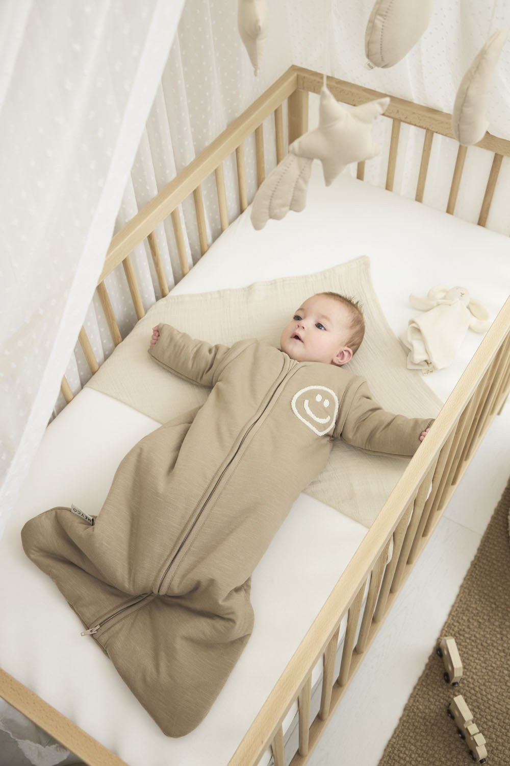 Baby slaapzak met afritsbare mouwen Slub met Smile applicatie - taupe/offwhite - 110cm